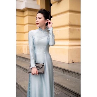 _áo dài lụa vân gỗ xanh mint
