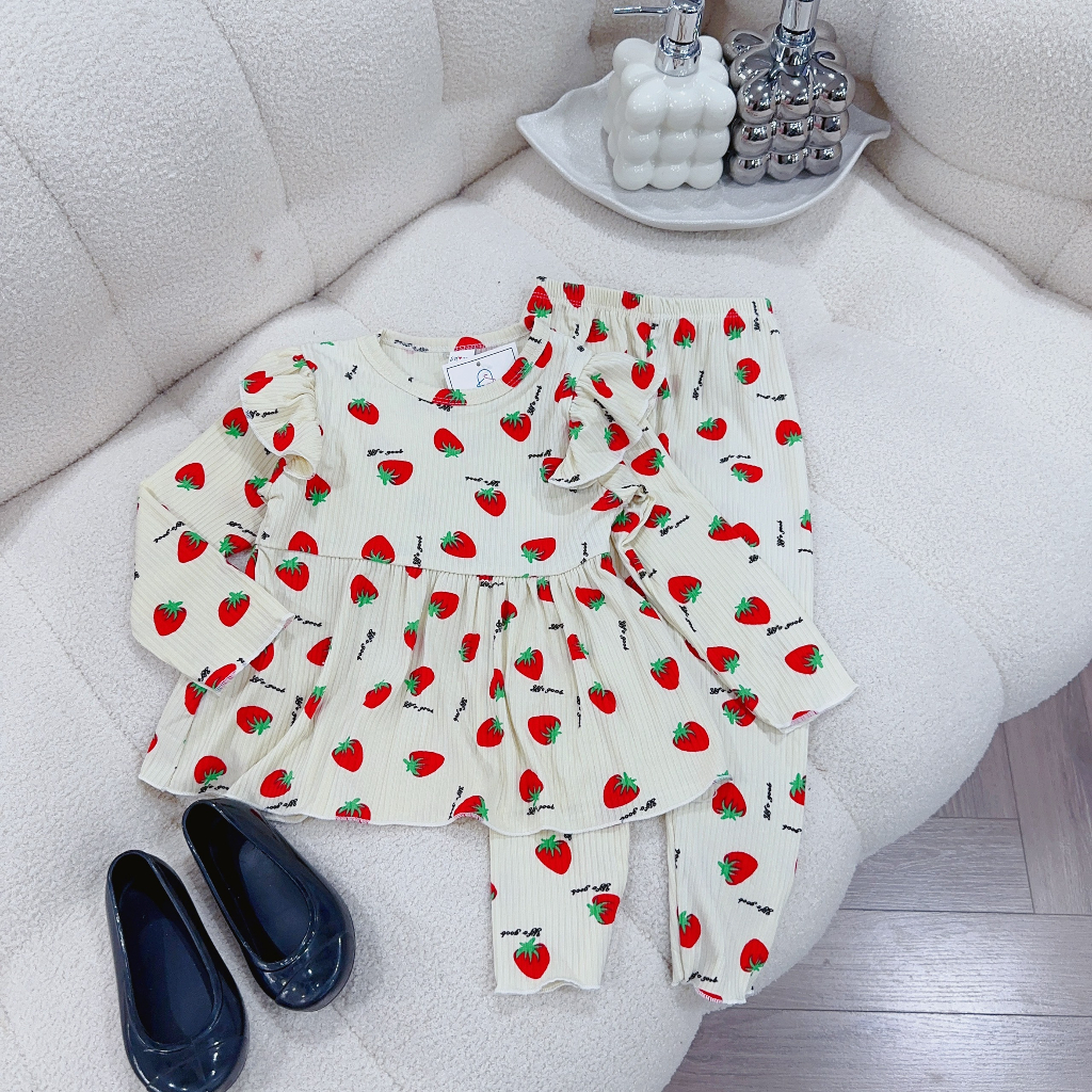 Bộ quần áo tăm gân bánh bèo cổ tròn cho bé gái từ 8-20kg