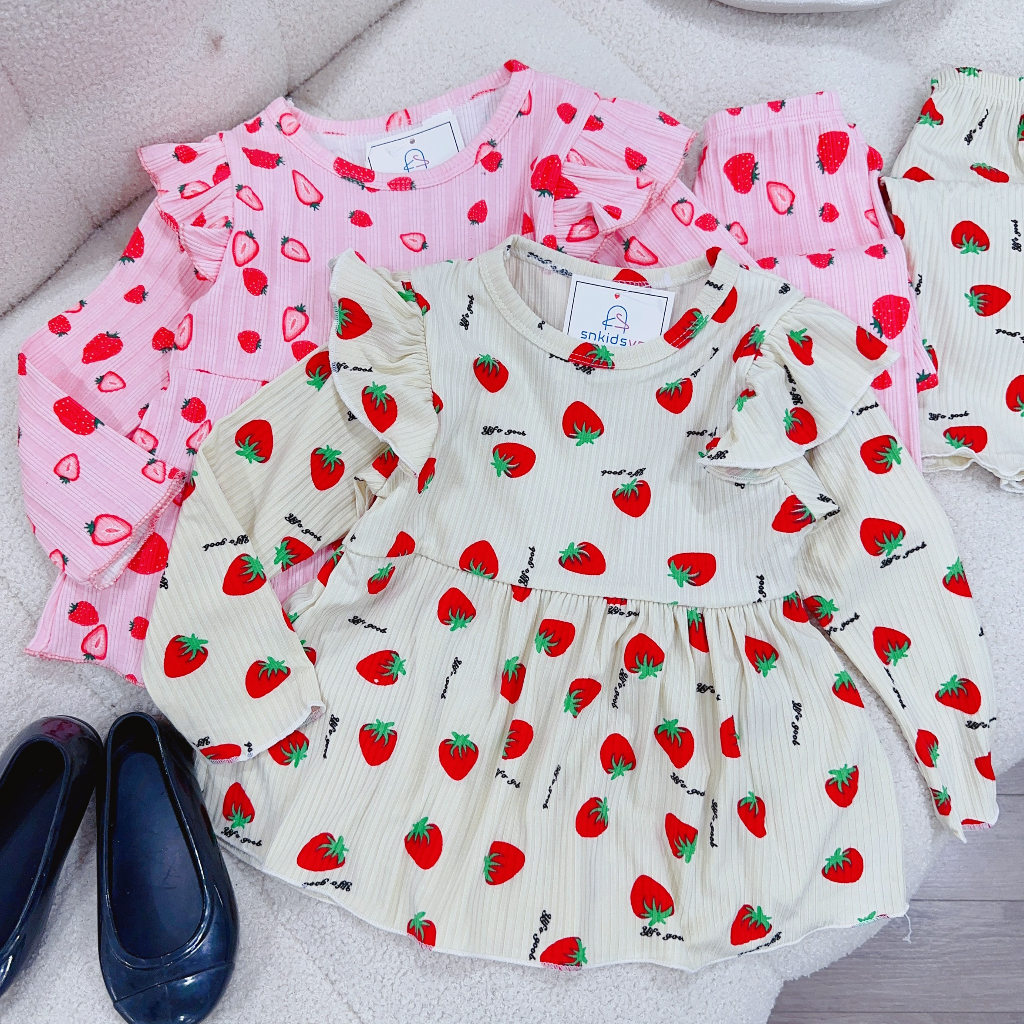 Bộ quần áo tăm gân bánh bèo cổ tròn cho bé gái từ 8-20kg