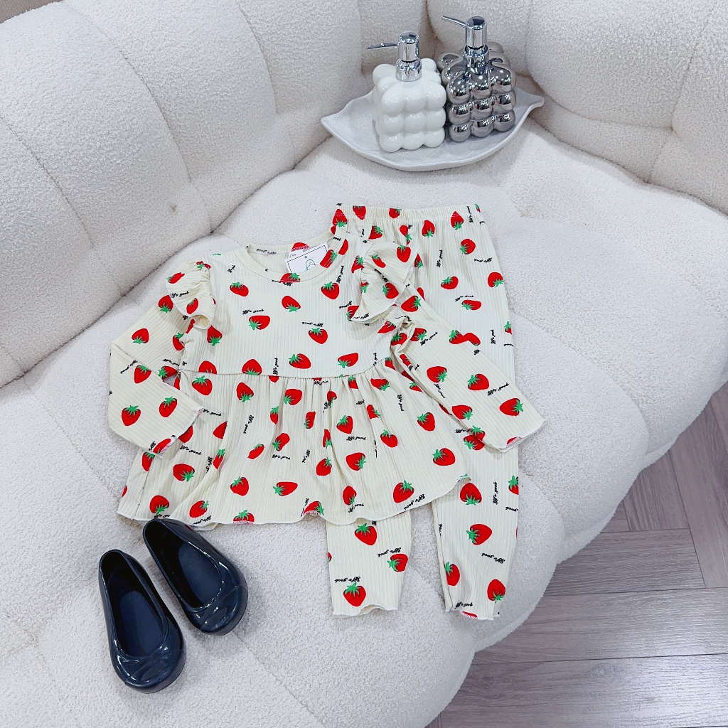 Bộ quần áo tăm gân bánh bèo cổ tròn cho bé gái từ 8-20kg