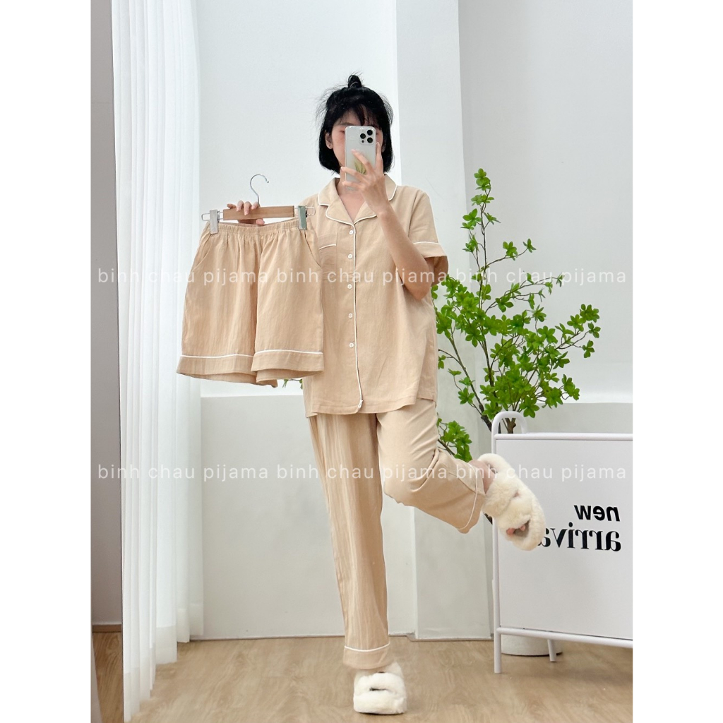 Bộ Pijama Xinh, Đồ Ngủ Dễ Thương Màu Be Chất Vải Cotton Bột - Bình Châu Sleepwear Clothing
