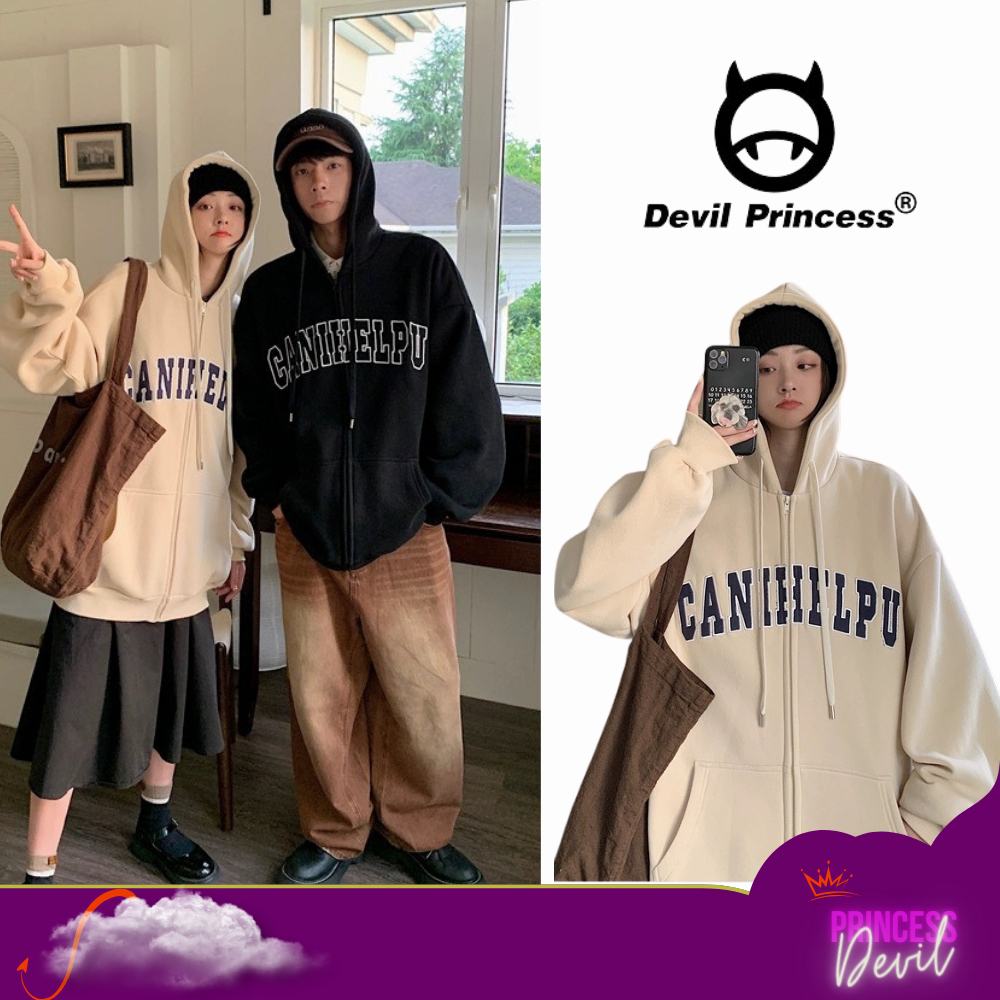 Áo hoodie zip unisex mặc đôi nam nữ thời trang Deliz khoác ngoài dày dặn couple Devil Princess