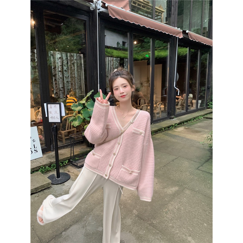 Áo khoác cardigan len màu hồng dễ thương form dài dáng rộng chất len mịn Quảng Châu Devil Princess deliz