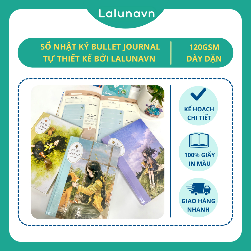 Sổ tay Bullet Journal 120Gsm ghi chép A5 planner kế hoạch Lalunavn vintage cute - B88