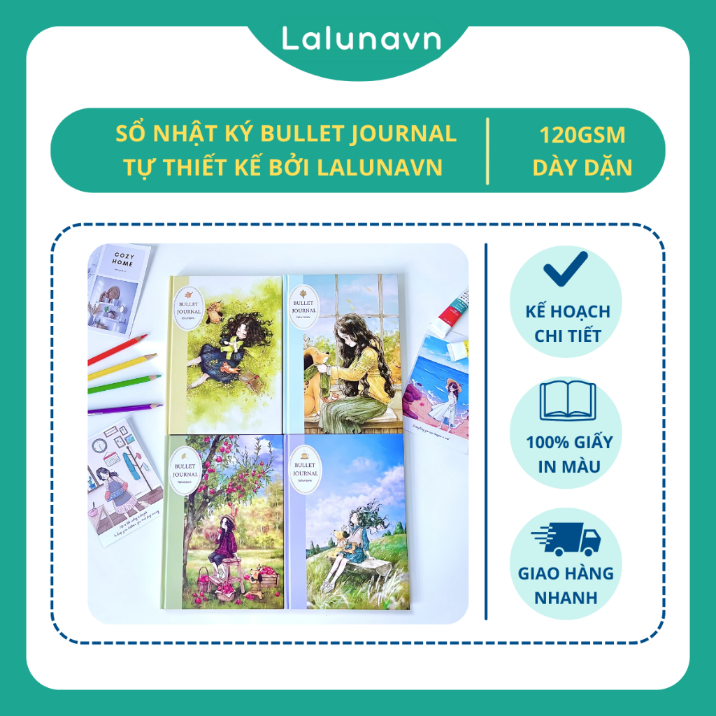 Sổ tay ghi chép nhật ký Bullet Journal thiết kế A5 planner kế hoạch Lalunavn vintage cute dễ thương - B88