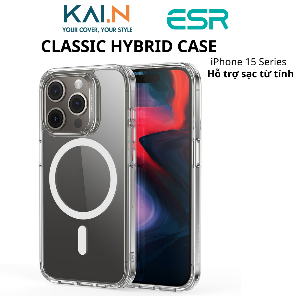 Ốp Lưng Trong Suốt Hỗ Trợ Sạc Từ Tính Dành Cho iPhone 15 Pro Max / iPhone 15 Pro, ESR Classic Hybrid Case