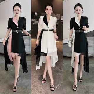 Đầm phối màu cổ vest tay lỡ kèm nịt - hàng nhập
