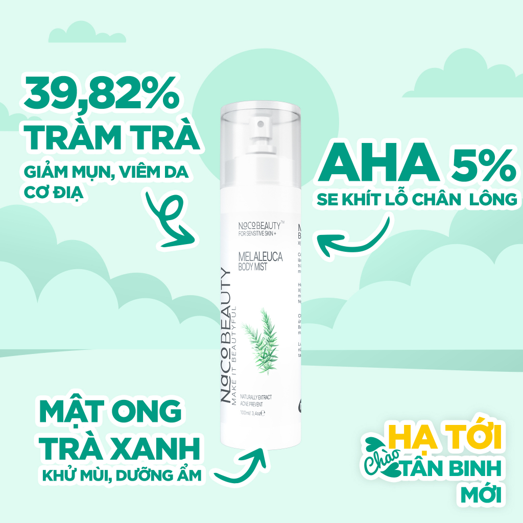 Xịt Mụn Lưng Mụn Body Viêm Nang Lông Viêm Da NACOBEAUTY Melaleuca Body Mist Trắng Da Sạch Mụn Mờ thâm - 100ml