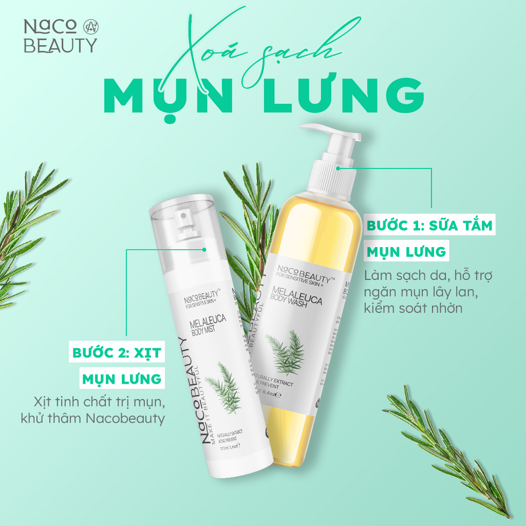 Combo Xịt Mụn Lưng Viêm Nang Lông NACOBEAUTY + Sữa Tắm Làm Sạch Mụn Lưng, Mụn Body, Mụn Cơ Thể