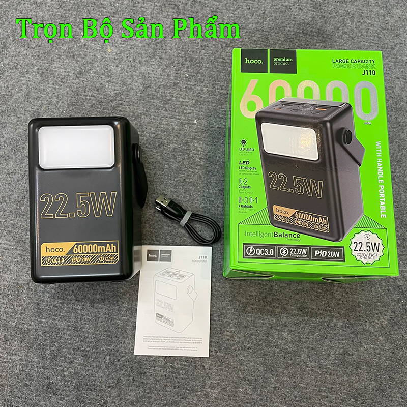 Sạc dự phòng Hoco J110 pin 60000mAh sạc nhanh QC22.5 + PD20W có 3 x USB và 2 x Type-C thích hợp đèn pin có quay sách