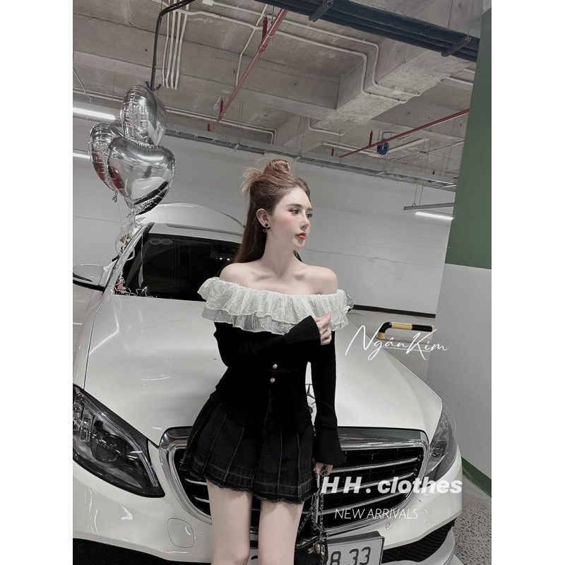 Áo thun trễ vai tay dài phối voan sang chảnh/ chất len zip voan xịn cúc ngọc hàng loại 1