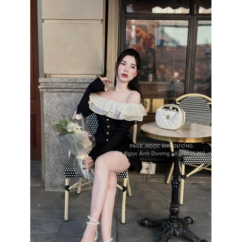 Áo thun trễ vai tay dài phối voan sang chảnh/ chất len zip voan xịn cúc ngọc hàng loại 1