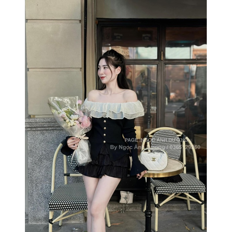 Áo thun trễ vai tay dài phối voan sang chảnh/ chất len zip voan xịn cúc ngọc hàng loại 1