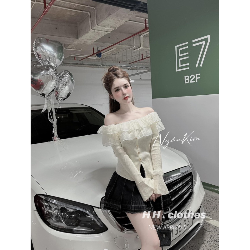 Áo thun trễ vai tay dài phối voan sang chảnh/ chất len zip voan xịn cúc ngọc hàng loại 1