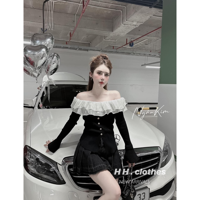 Áo thun trễ vai tay dài phối voan sang chảnh/ chất len zip voan xịn cúc ngọc hàng loại 1