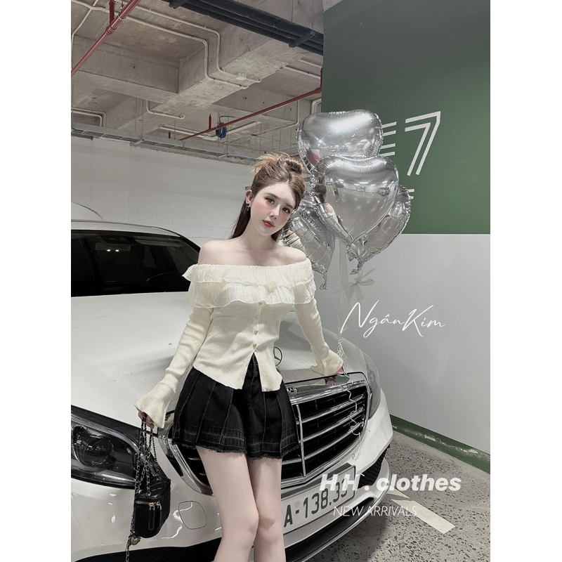 Áo thun trễ vai tay dài phối voan sang chảnh/ chất len zip voan xịn cúc ngọc hàng loại 1