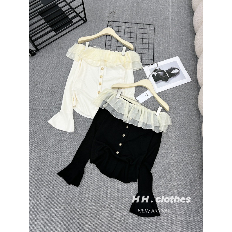 Áo thun trễ vai tay dài phối voan sang chảnh/ chất len zip voan xịn cúc ngọc hàng loại 1