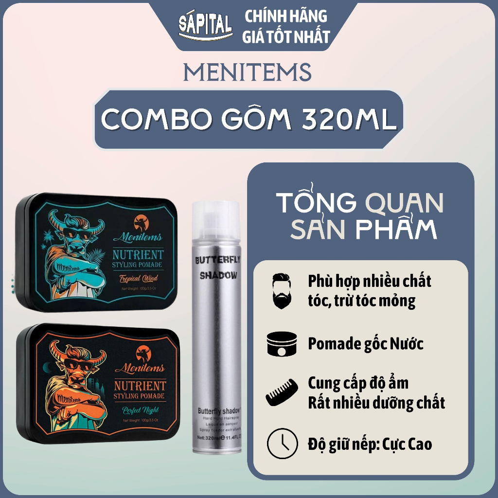 Sáp Menitems, sáp dưỡng, sáp vuốt tóc giữ nếp tạo kiểu và gôm Butterfly 320ml giữ nếp tự nhiên, hương nước hoa SÁPITAL