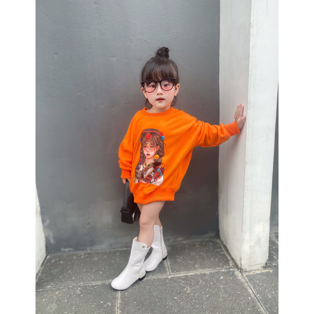 Áo dài tay nỉ hình cô gái cho bé gái, áo sweater trẻ em mùa đông dày dặn Samy Kids