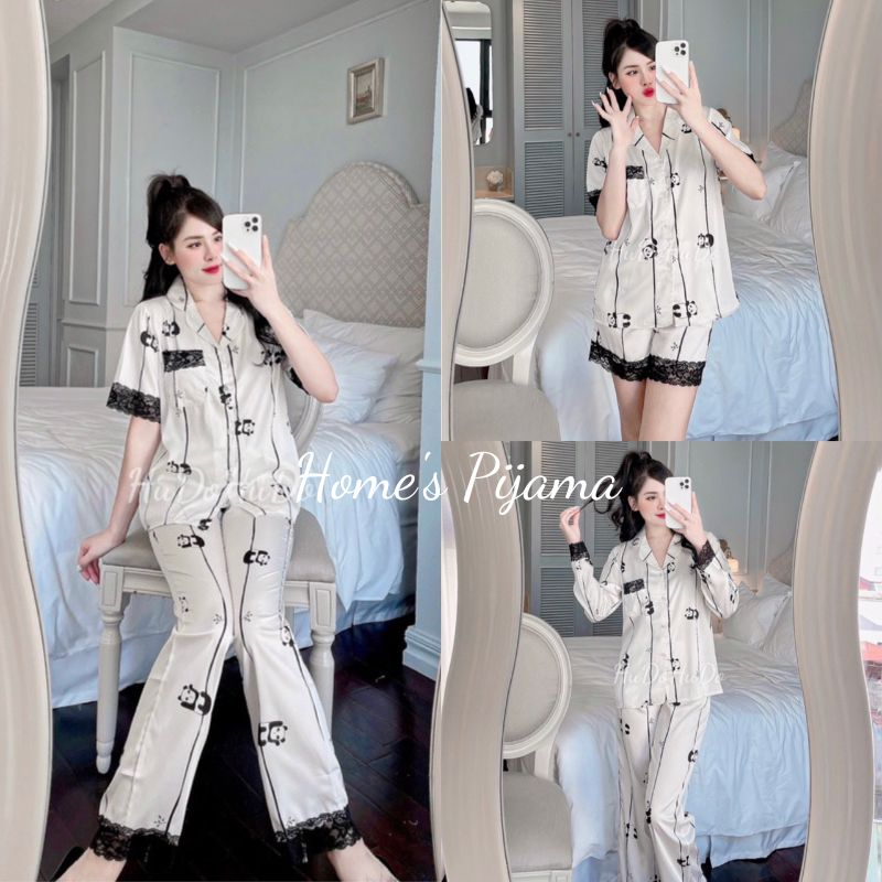 Bộ ngủ nữ pijama lụa latin 🐼Gấu Panda🐼 tay ngắn tay dài