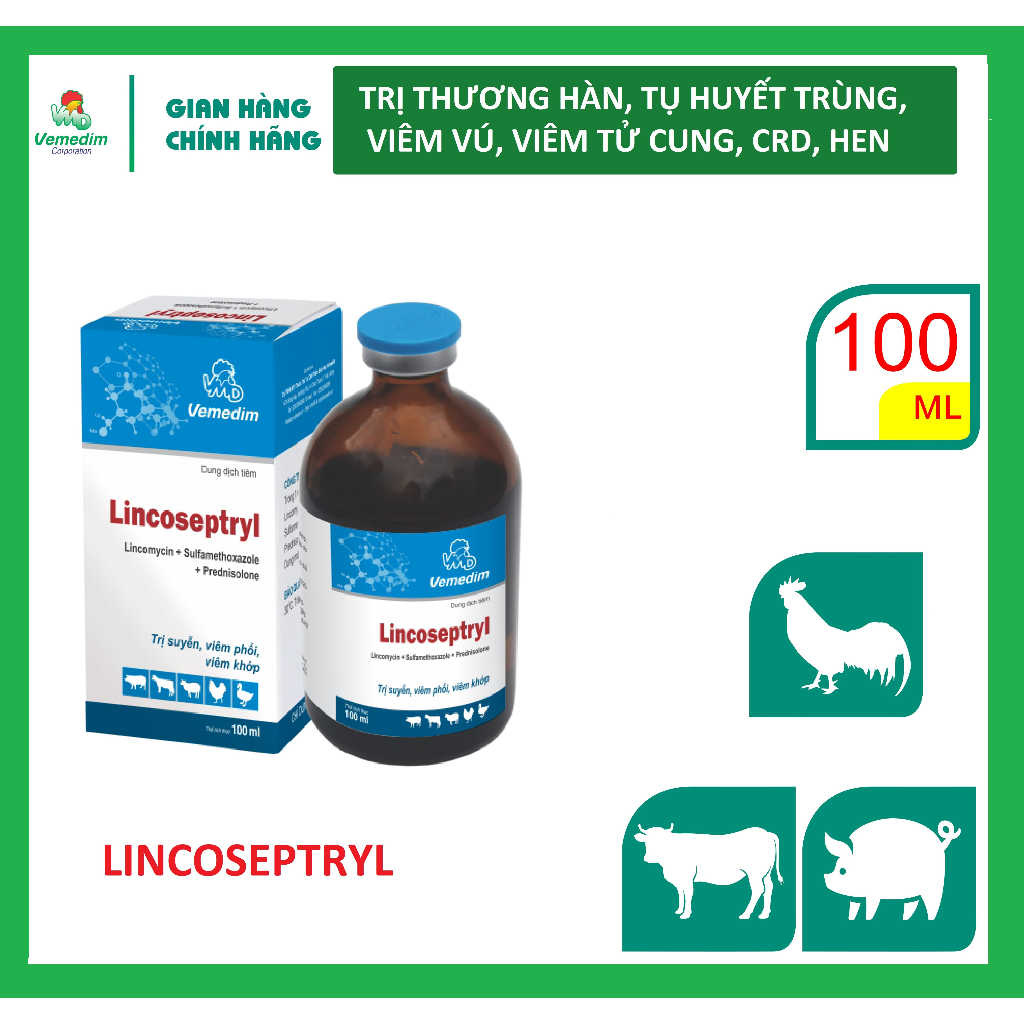 Vemedim Lincoseptryl dùng cho heo, trâu, bò, gà, vịt, ngan bị tụ huyết trùng, hen, CRD, chai 100ml