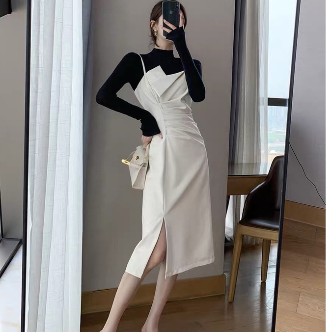 : Set Yếm Váy 2 Dây Nhún Ly Sườn+ Áo Len Cổ Lọ Siêu Xinh Hách Dáng Có Ảnh Thật [LOLLA_YE_FASHION]