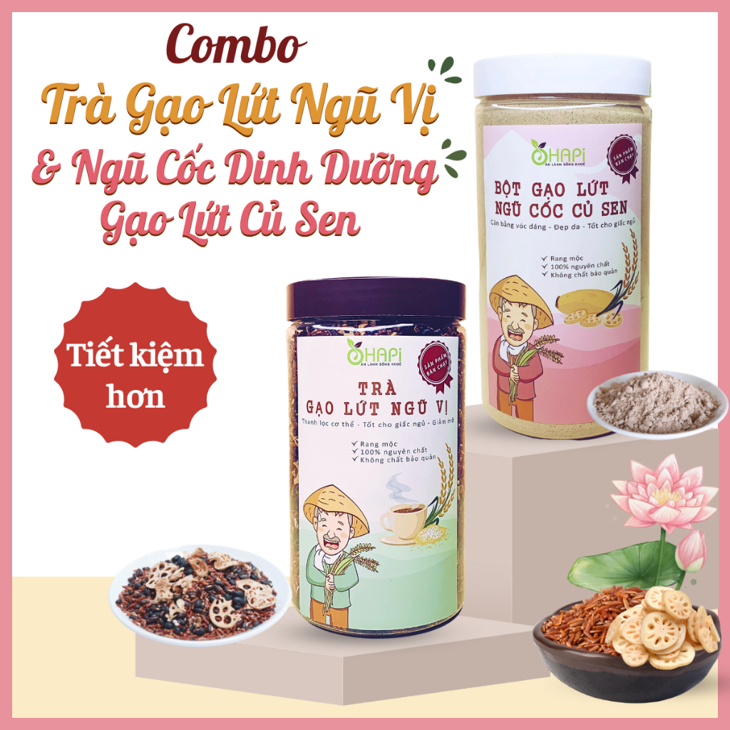 Trà gạo lứt ngũ vị và bột ngũ cốc gạo lứt củ sen OhaPi 500gr - Combo cân bằng dinh dưỡng, giữ dáng, đẹp da