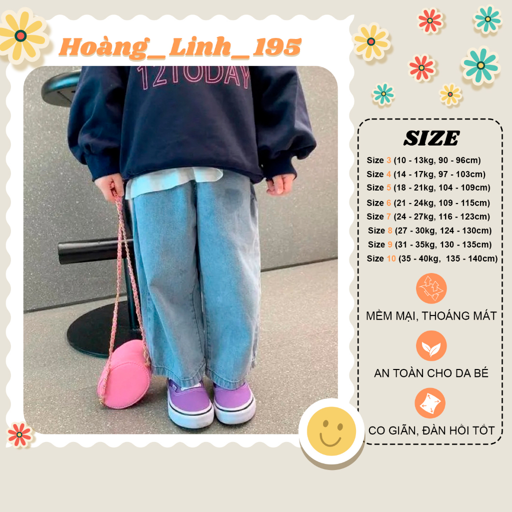 Quần jeans cho bé gái từ 10kg-40kg dáng suông dài màu xanh nhạt phong cách Hàn Quốc QD012