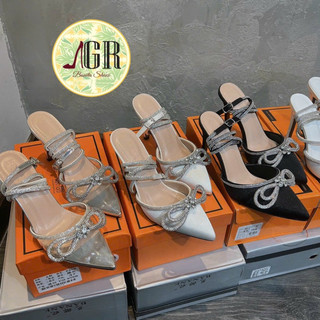 Sandal cao gót mũi nhọn nơ hột đá cao cấp gót 9 cm
