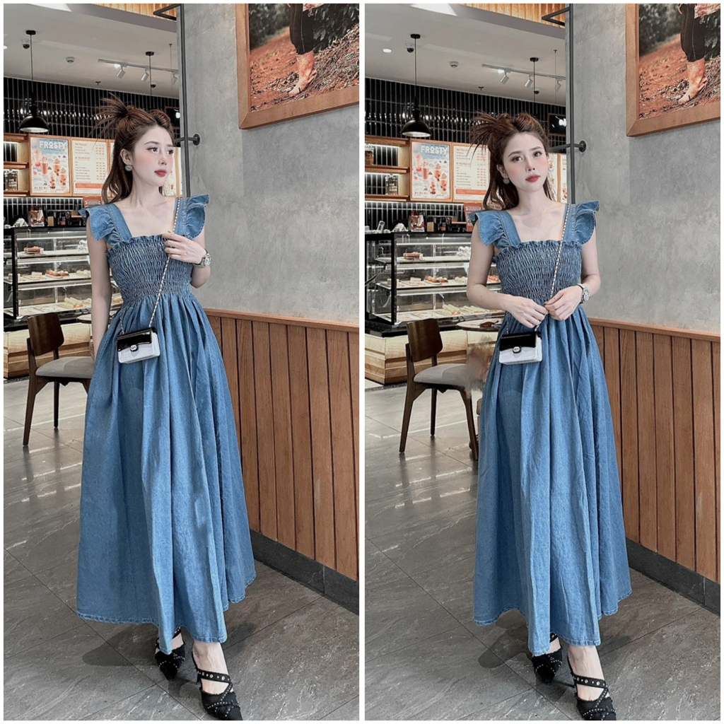 Đầm váy jean hai dây cánh tiên chun nhún xinh xắn dáng dài xoè QC Loại 1 tone màu nhẹ nhàng siêu hot sang chảnh xinh xịn