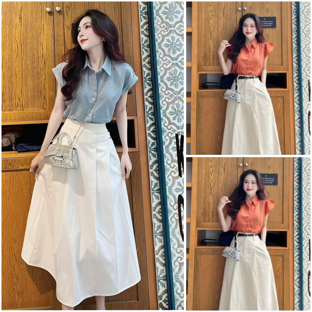 Set đồ nữ áo tay hến cổ sơ mi xinh xắn mix chân váy xếp ly dáng dài kèm nịt với 2 tone màu nhẹ nhàng sang chảnh siêu hot