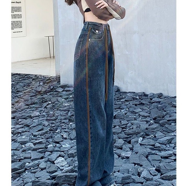 Quần Jean ống rộng lưng cao màu xanh đen phối viền nâu phong cách vintage siêu hack dáng