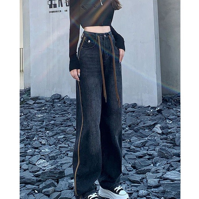 Quần Jean ống rộng lưng cao màu xanh đen phối viền nâu phong cách vintage siêu hack dáng