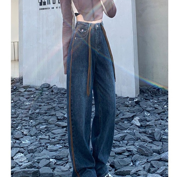Quần Jean ống rộng lưng cao màu xanh đen phối viền nâu phong cách vintage siêu hack dáng