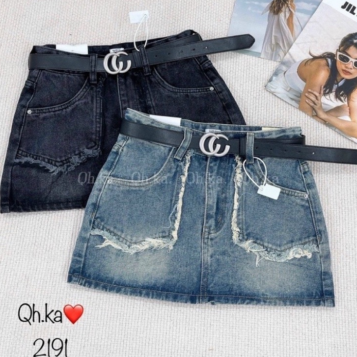 Chân váy bò ngắn chữ A túi tua dua - Quần giả váy viền cắt tua rua siêu xinh hàng dày dặn loại 1 có lót quần jean