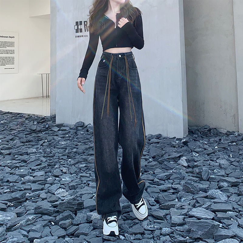 Quần Jean ống rộng lưng cao màu xanh đen phối viền nâu phong cách vintage siêu hack dáng