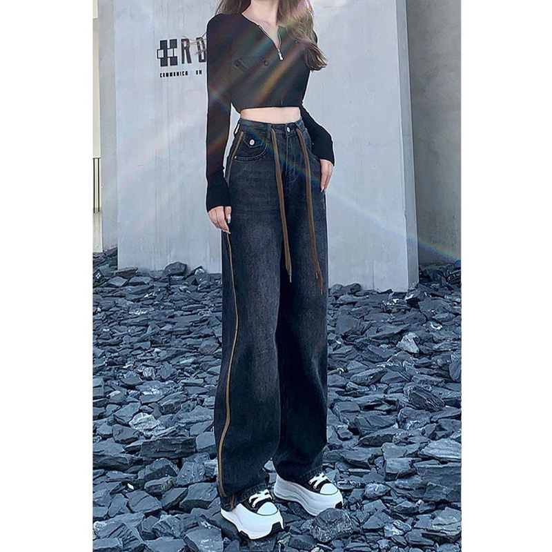 Quần Jean ống rộng lưng cao màu xanh đen phối viền nâu phong cách vintage siêu hack dáng