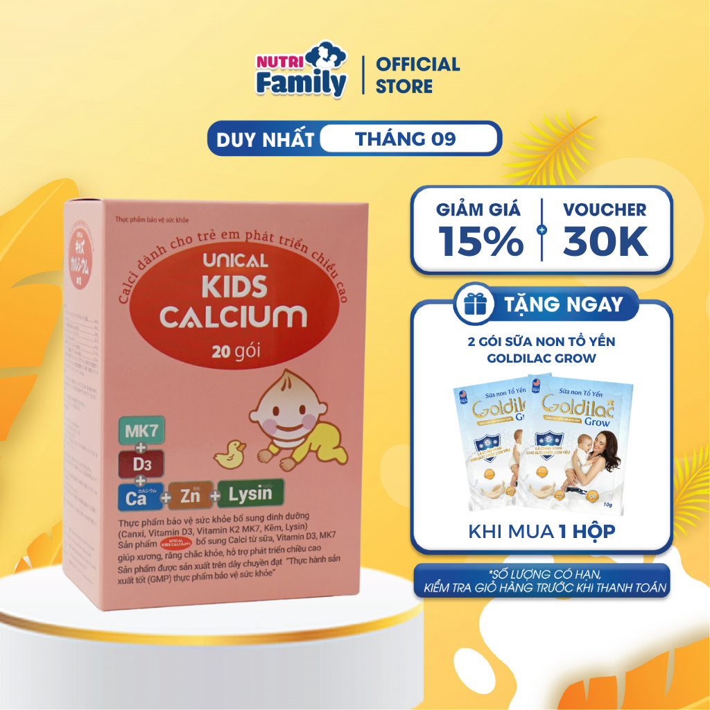 Canxi Unical Kids hộp 20 gói - Bổ sung canxi cho trẻ, hỗ trợ tăng chiều cao chắc khỏe xương