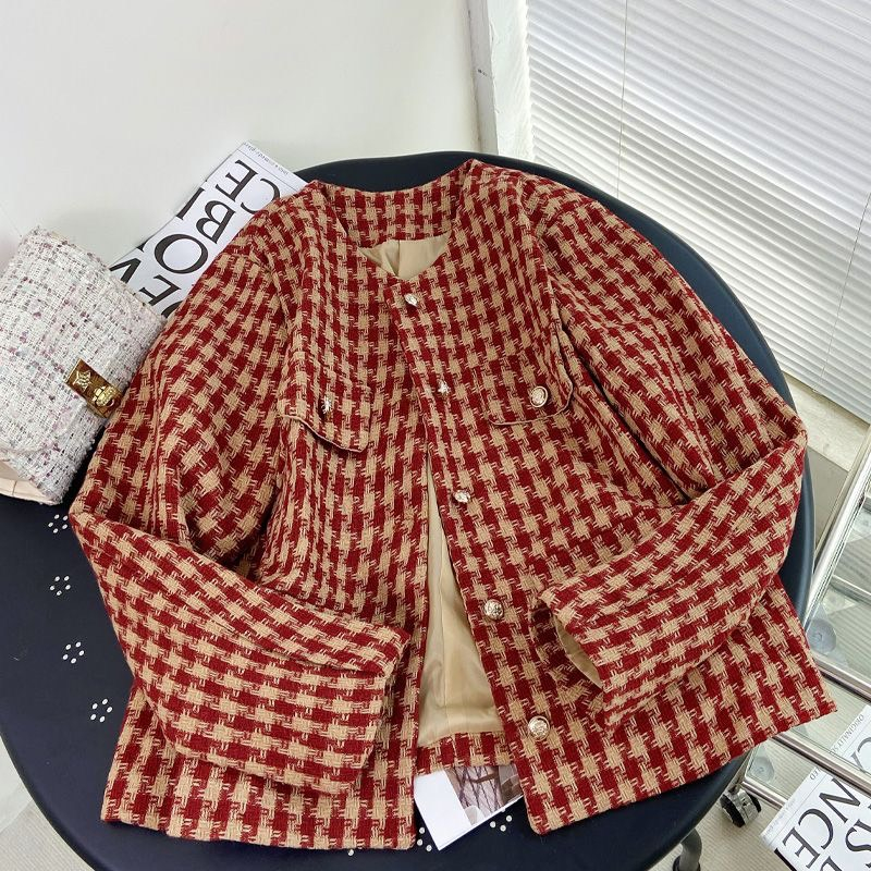 Áo tweed caro đỏ mận 2 lớp vintage chất siêu dày dặn cực xinh