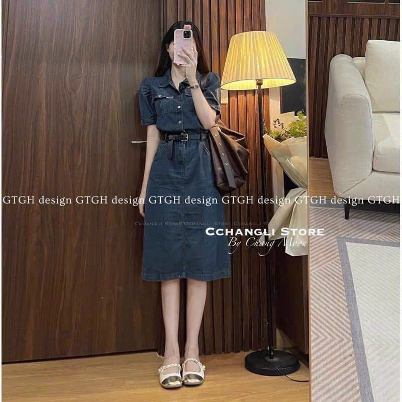 Đầm thời trang nữ mặc đi chơi chất jeans cổ sơ mi tay ngắn túi fom suông kèm đai thắt lưng dài qua gối