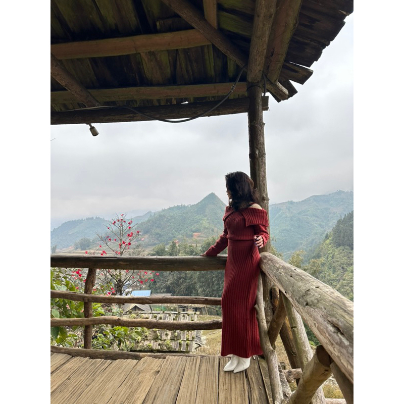 Set len trễ vai chân váy dài siêu dày, chất đẹp