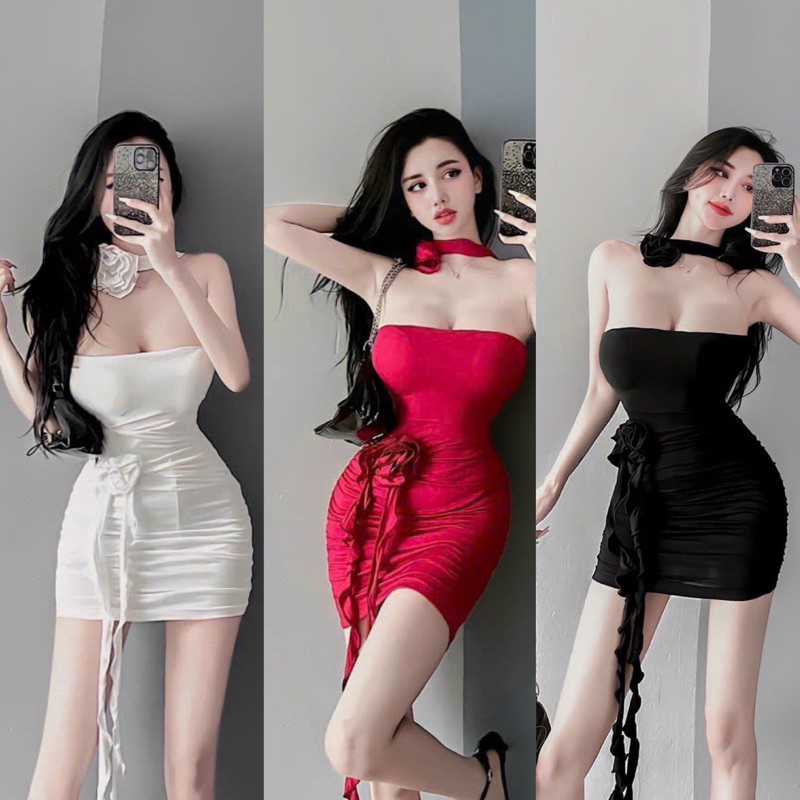 Đầm Body Hoa Hồng Đính Eo Tua Rua Zip Mút Choàng Cổ