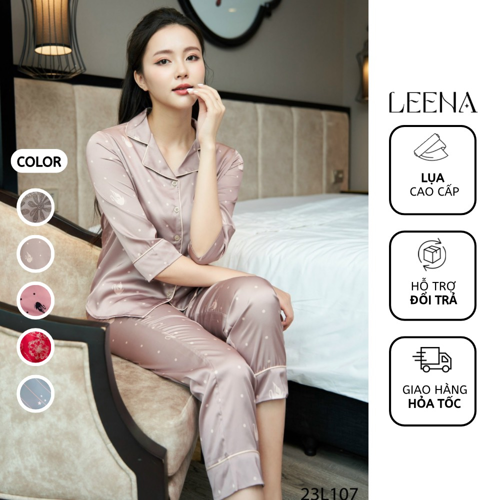 Bộ Ngủ Pyjama Nữ Lụa Vân Gỗ Cao Cấp Áo Tay Dài Quần Dài, Bộ Mặc Nhà Nữ Thu Đông Lụa Dài Tay Leena Homewear 23L10
