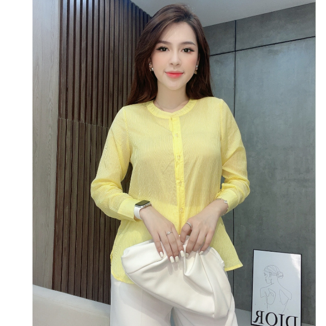 Áo sơ mi Liin Clothing kẻ vàng cổ tàu thiết kế sang trọng thanh lịch - AKD284PRI-S23