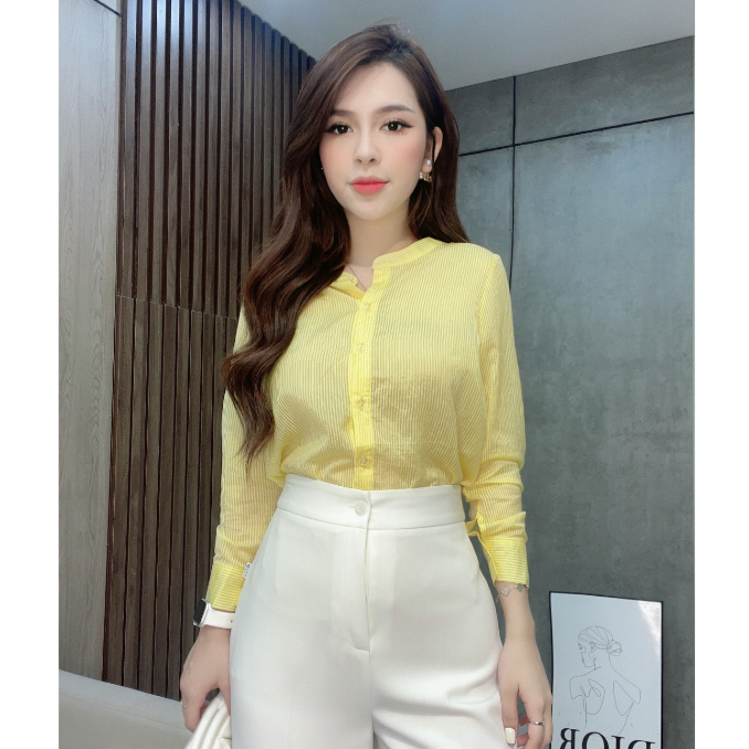 Áo sơ mi Liin Clothing kẻ vàng cổ tàu thiết kế sang trọng thanh lịch - AKD284PRI-S23