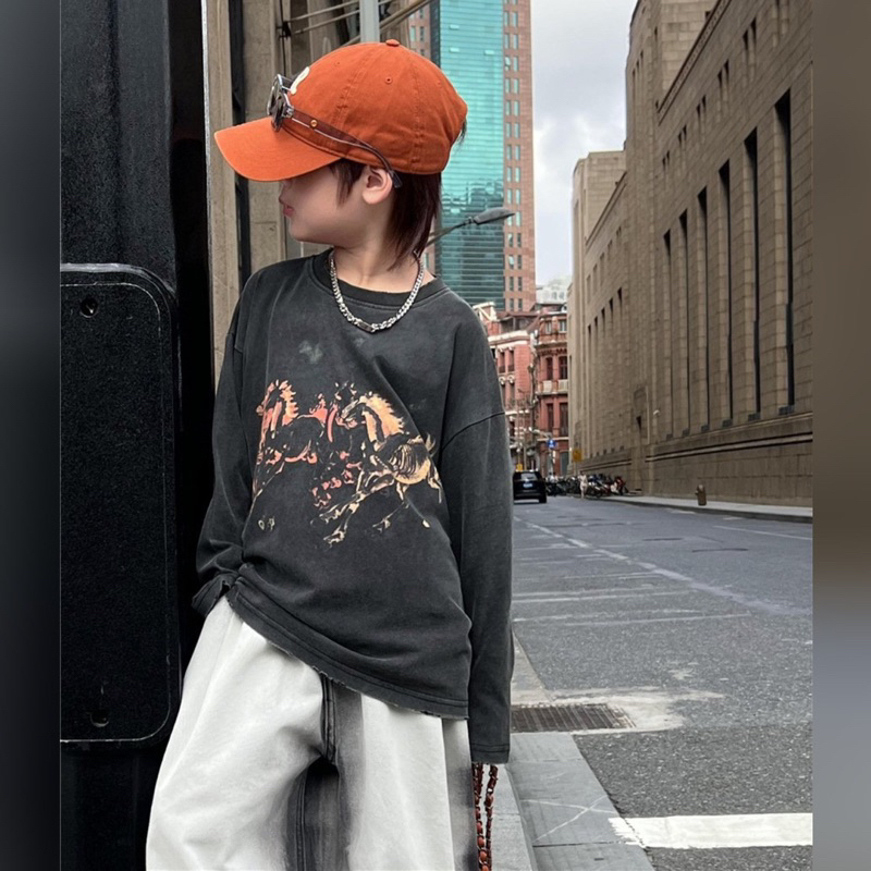 Áo thun dài tay bé trai ngựa phi A392 size 100-160, quần áo trẻ em thu đông cao cấp