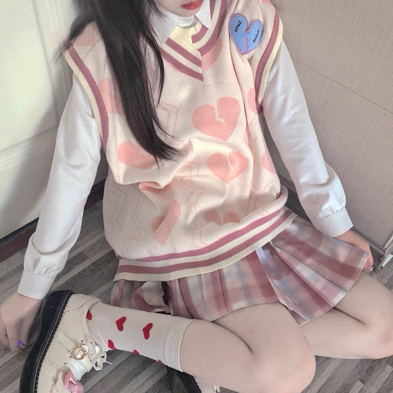 Gile len nữ màu hồng trái tim dễ thương Deliz len cổ V dày dặn phong cách Hàn Quốc nhẹ nhàng Devil Princess
