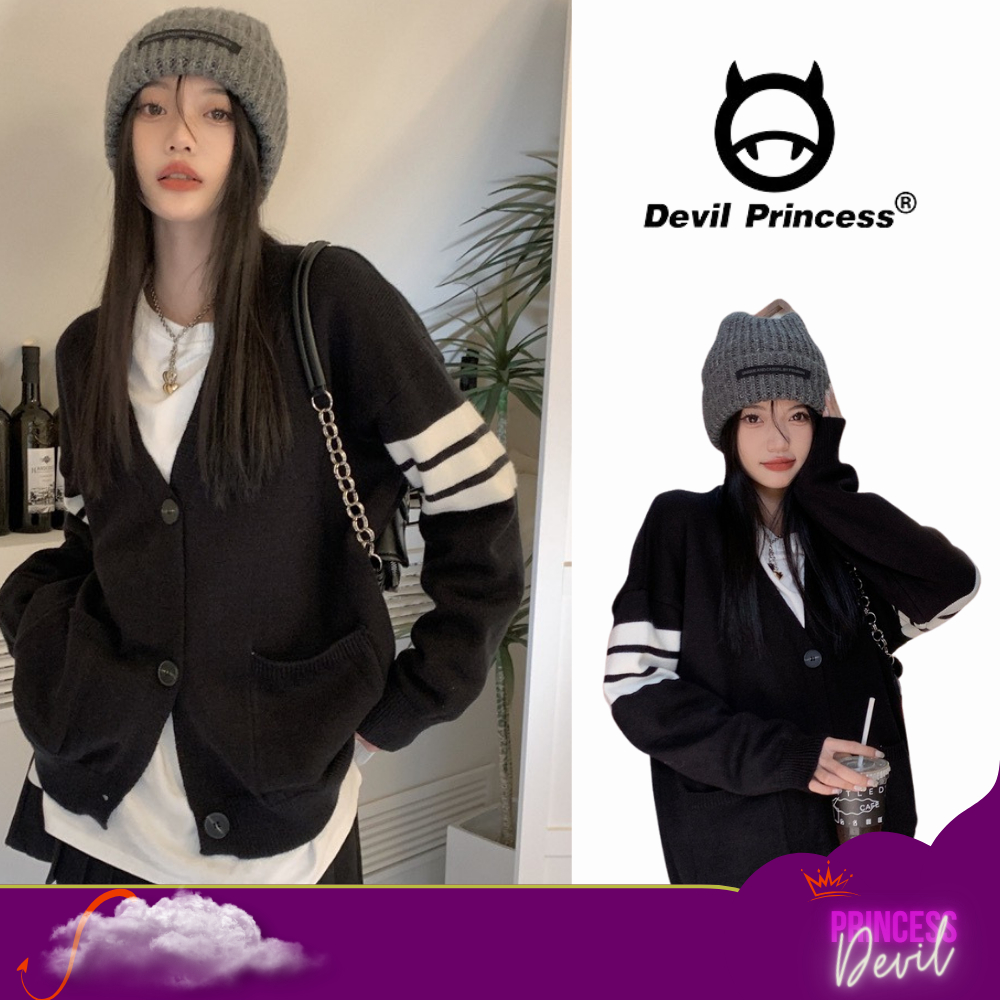 Áo khoác cardigan viền tay unisex nam nữ Deliz len dệt kim dày dặn mùa đông Devil Princess