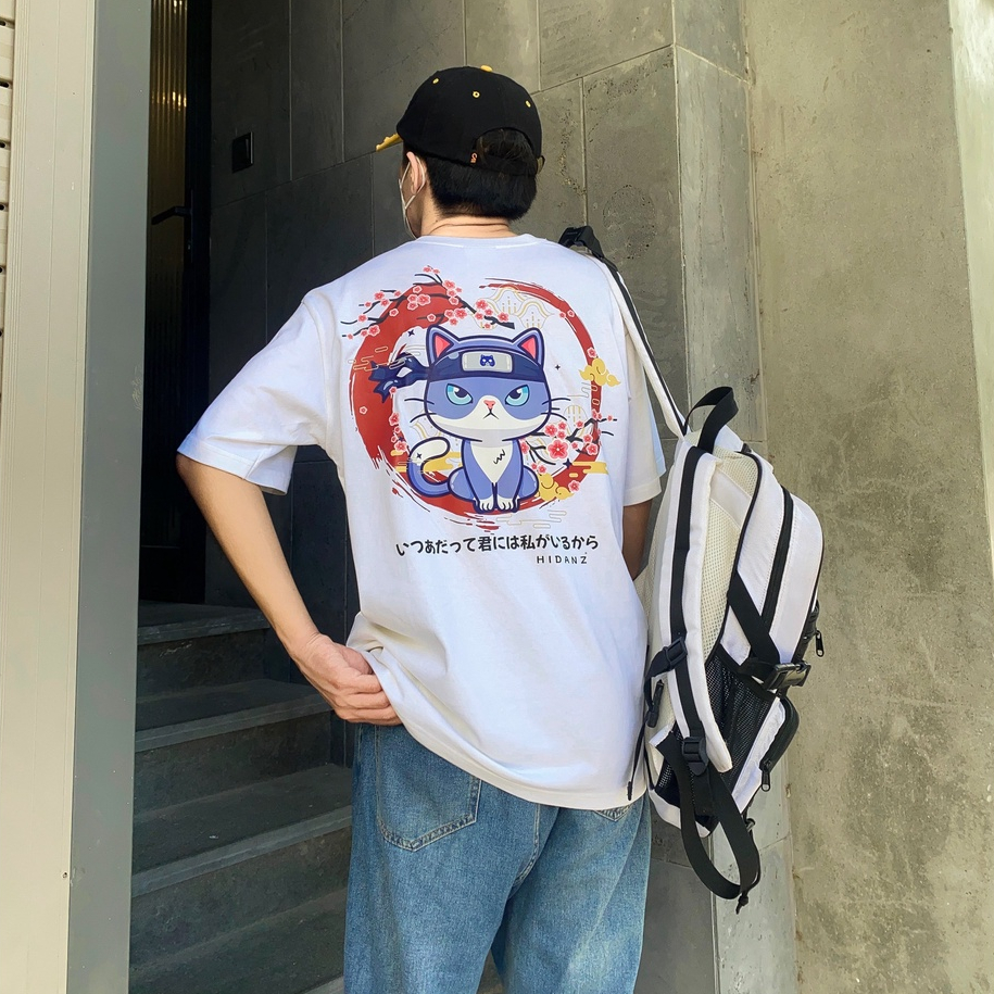 Áo thun Unisex tay lỡ cotton local brand HIDANZ - Sakura Cat