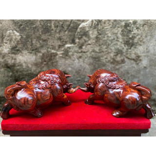 Cặp tượng bò tót trang trí, decor gỗ trắc nam phi ngang 20cm